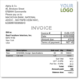Sample invoice generated by easy Time Tracking